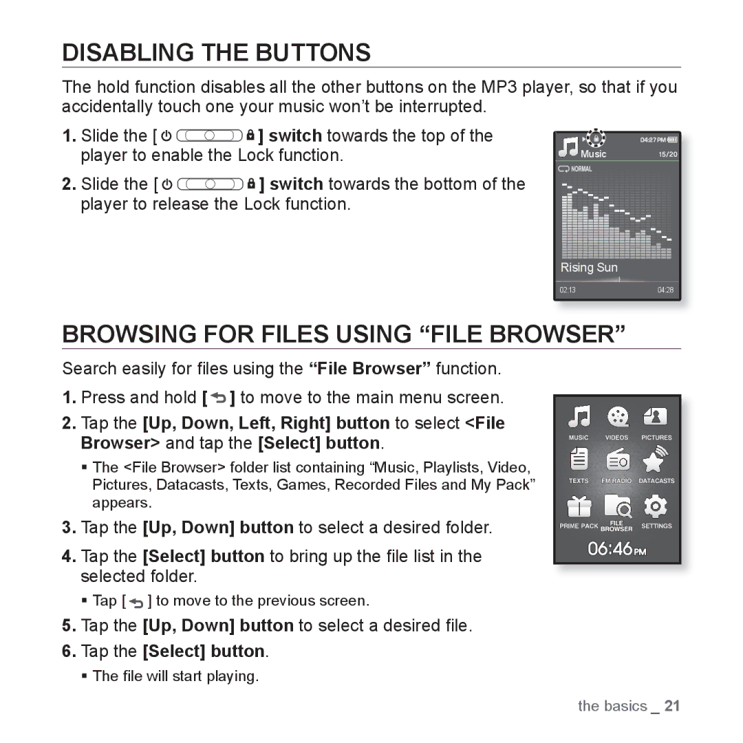 Samsung YP-Q1JCB/XEF, YP-Q1JEB/XEF Disabling the Buttons, Browsing for Files Using File Browser, Tap the Select button 