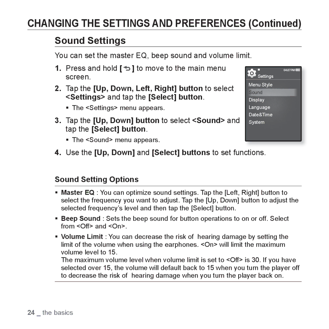 Samsung YP-Q1JEB/EDC, YP-Q1JEB/XEF, YP-Q1JCW/XEF, YP-Q1JAS/XEF, YP-Q1JCB/XEF manual Sound Settings, Sound Setting Options 