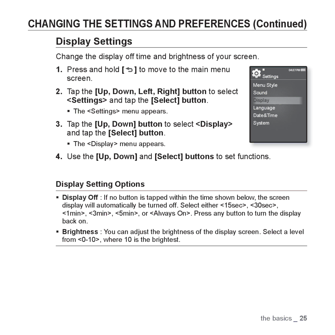 Samsung YP-Q1JCB/EDC, YP-Q1JEB/XEF, YP-Q1JCW/XEF, YP-Q1JAS/XEF, YP-Q1JCB/XEF manual Display Settings, Display Setting Options 