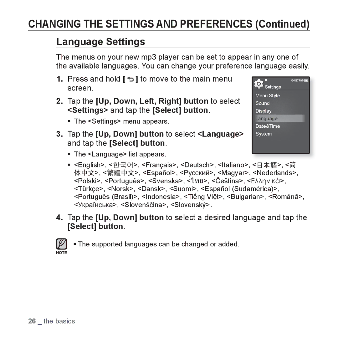 Samsung YP-Q1JAS/EDC, YP-Q1JEB/XEF, YP-Q1JCW/XEF, YP-Q1JAS/XEF, YP-Q1JCB/XEF, YP-Q1JES/EDC, YP-Q1JCS/EDC manual Language Settings 