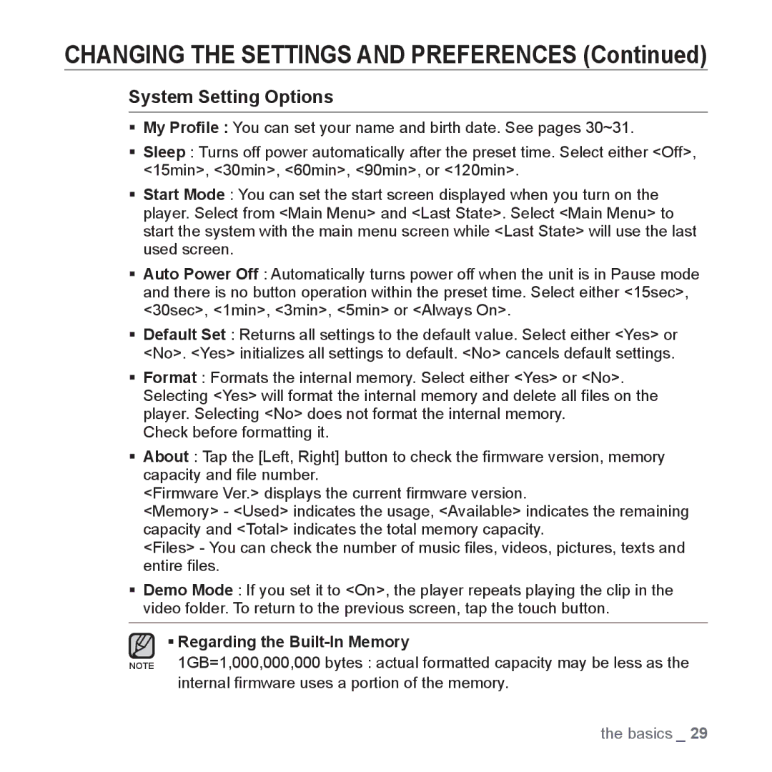 Samsung YP-Q1JAB/EDC, YP-Q1JEB/XEF, YP-Q1JCW/XEF, YP-Q1JAS/XEF, YP-Q1JCB/XEF, YP-Q1JES/EDC, YP-Q1JCS/EDC System Setting Options 