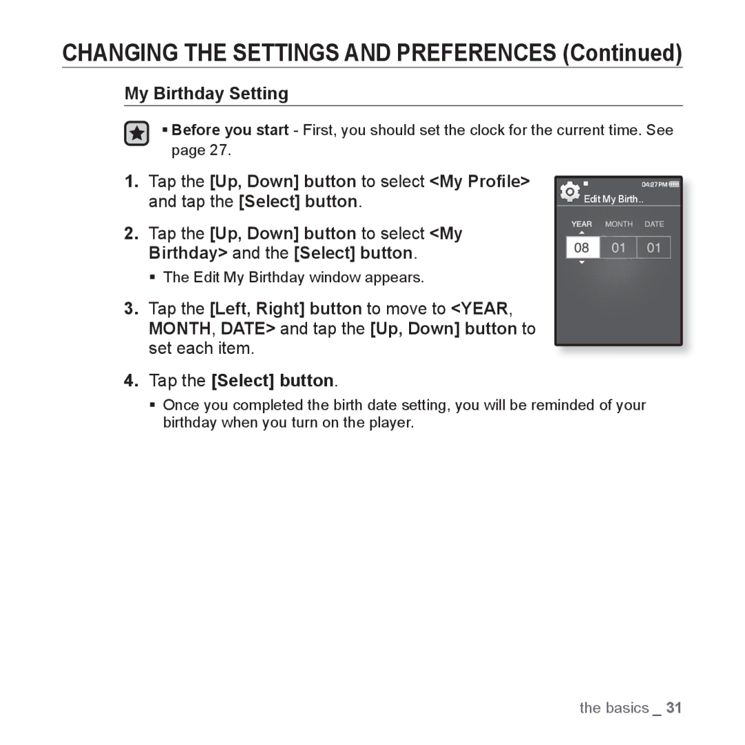 Samsung YP-Q1JEB/XEE, YP-Q1JEB/XEF, YP-Q1JCW/XEF, YP-Q1JAS/XEF, YP-Q1JCB/XEF, YP-Q1JES/EDC, YP-Q1JCS/EDC My Birthday Setting 