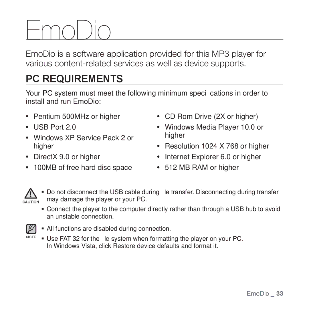 Samsung YP-Q1JAW/XEE, YP-Q1JEB/XEF, YP-Q1JCW/XEF, YP-Q1JAS/XEF, YP-Q1JCB/XEF, YP-Q1JES/EDC manual EmoDio, PC Requirements 