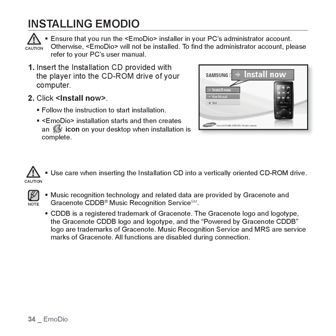 Samsung YP-Q1JCB/XEE, YP-Q1JEB/XEF, YP-Q1JCW/XEF, YP-Q1JAS/XEF, YP-Q1JCB/XEF manual Installing Emodio, Click Install now 