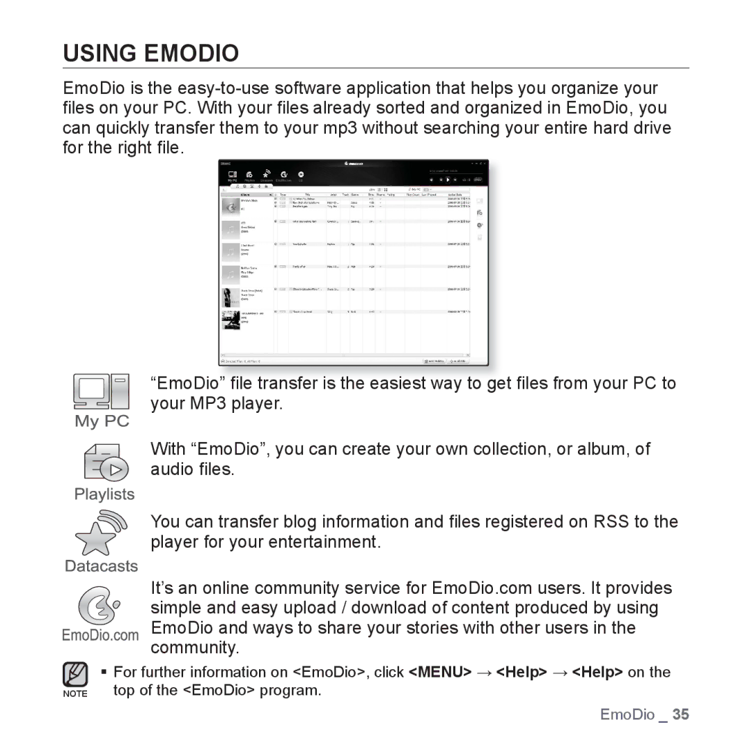 Samsung YP-Q1JAB/XEE, YP-Q1JEB/XEF, YP-Q1JCW/XEF, YP-Q1JAS/XEF, YP-Q1JCB/XEF, YP-Q1JES/EDC, YP-Q1JCS/EDC manual Using Emodio 