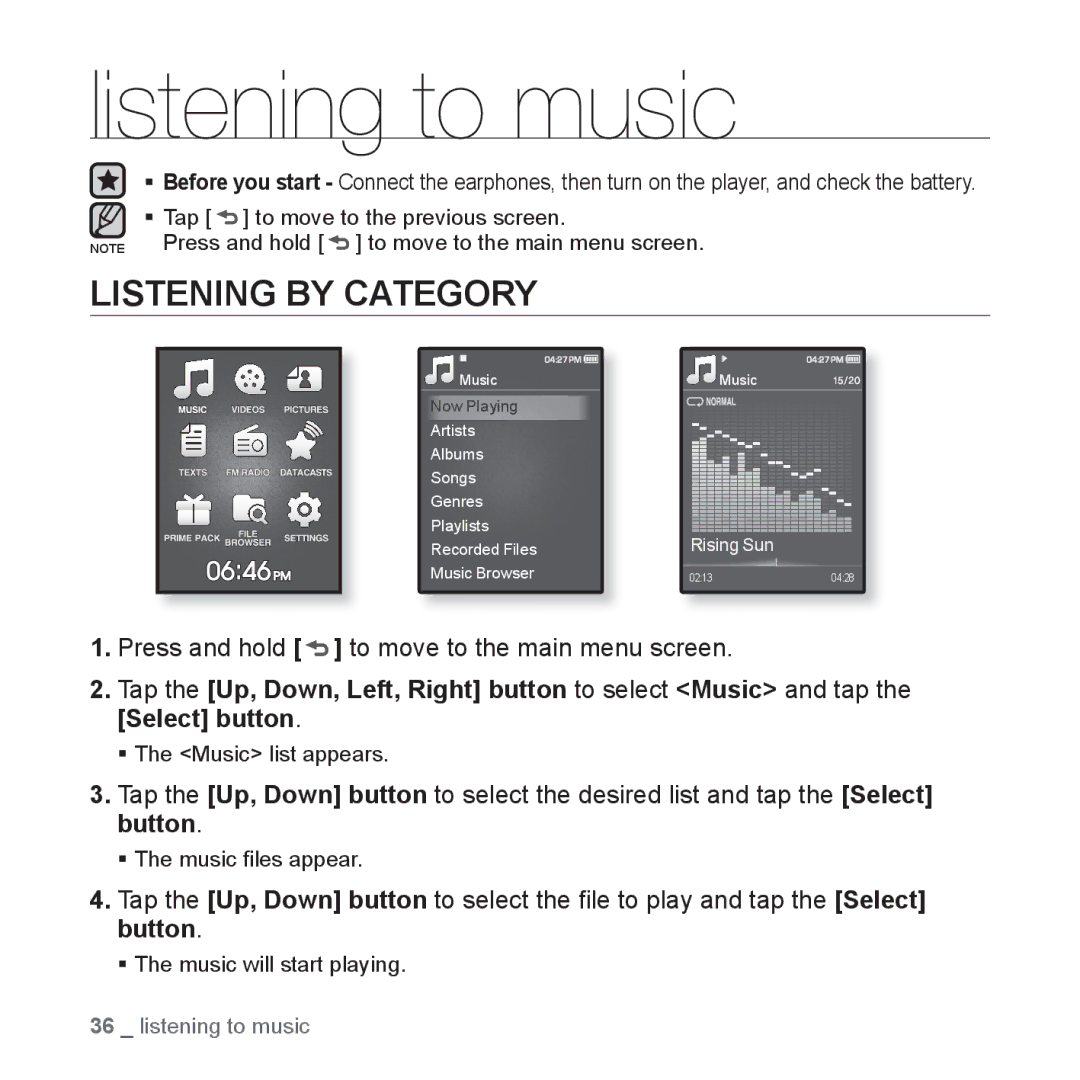 Samsung YP-Q1JEB/XEF, YP-Q1JCW/XEF, YP-Q1JAS/XEF, YP-Q1JCB/XEF, YP-Q1JES/EDC manual Listening to music, Listening by Category 