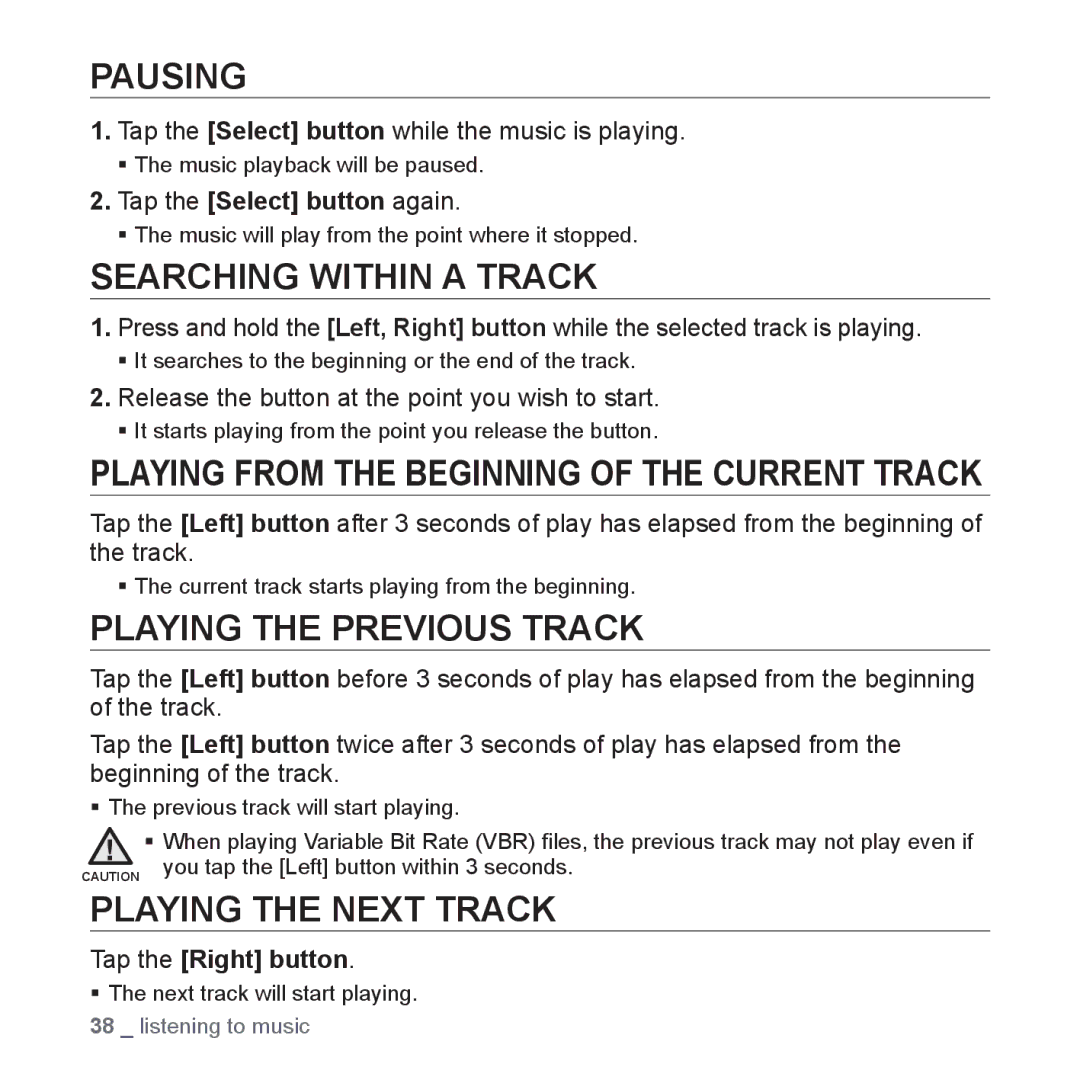 Samsung YP-Q1JAS/XEF, YP-Q1JEB/XEF Pausing, Searching Within a Track, Playing the Previous Track, Playing the Next Track 