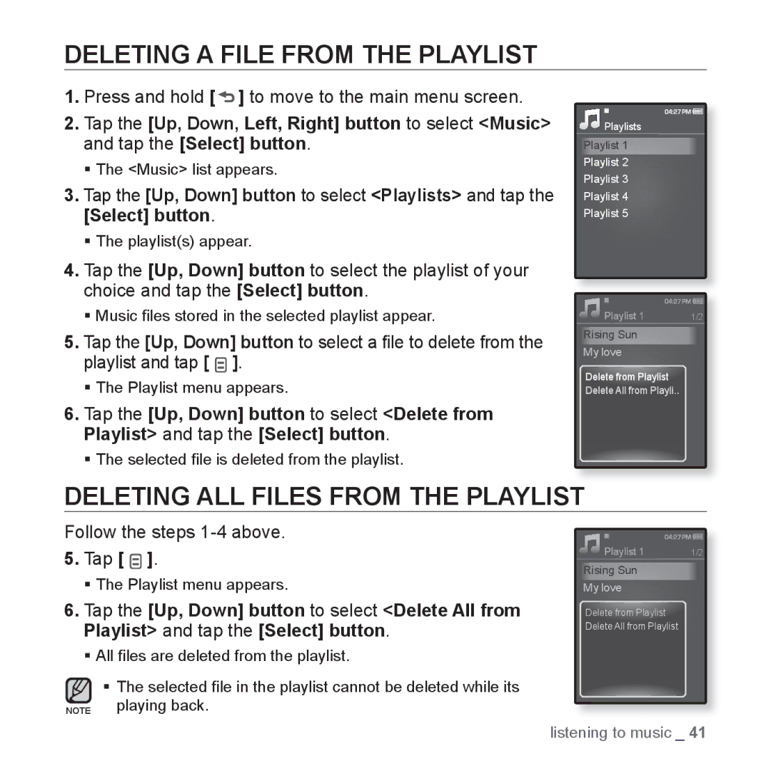 Samsung YP-Q1JCS/EDC, YP-Q1JEB/XEF, YP-Q1JCW/XEF Deleting a File from the Playlist, Deleting ALL Files from the Playlist 