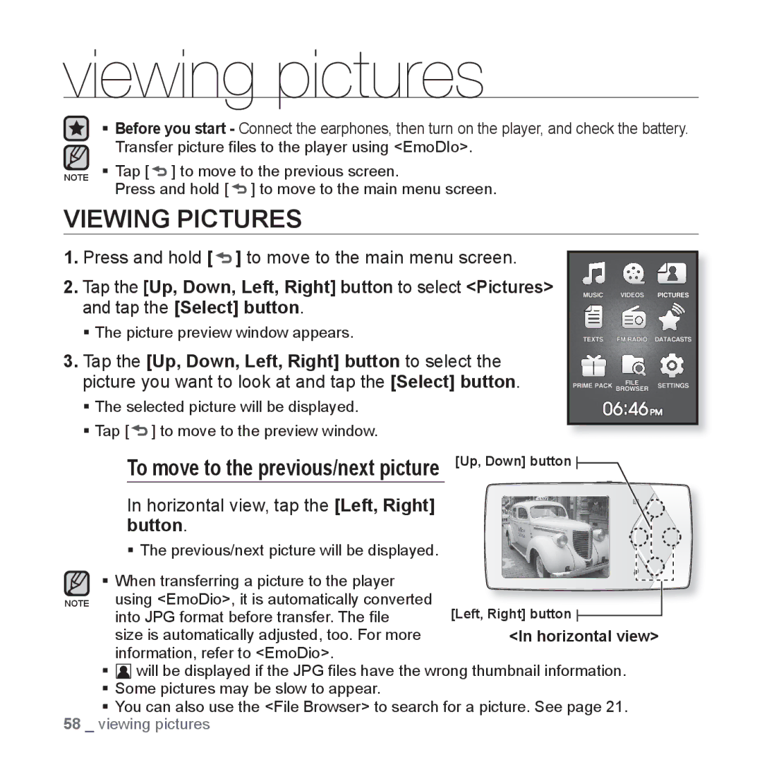 Samsung YP-Q1JES/EDC, YP-Q1JEB/XEF manual Viewing pictures, Viewing Pictures, Horizontal view, tap the Left, Right button 