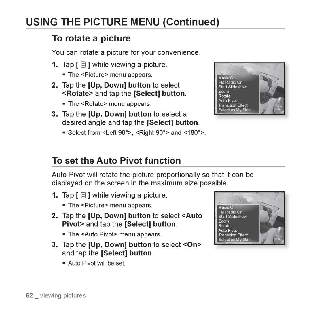 Samsung YP-Q1JAS/EDC, YP-Q1JEB/XEF, YP-Q1JCW/XEF, YP-Q1JAS/XEF manual To rotate a picture, To set the Auto Pivot function 