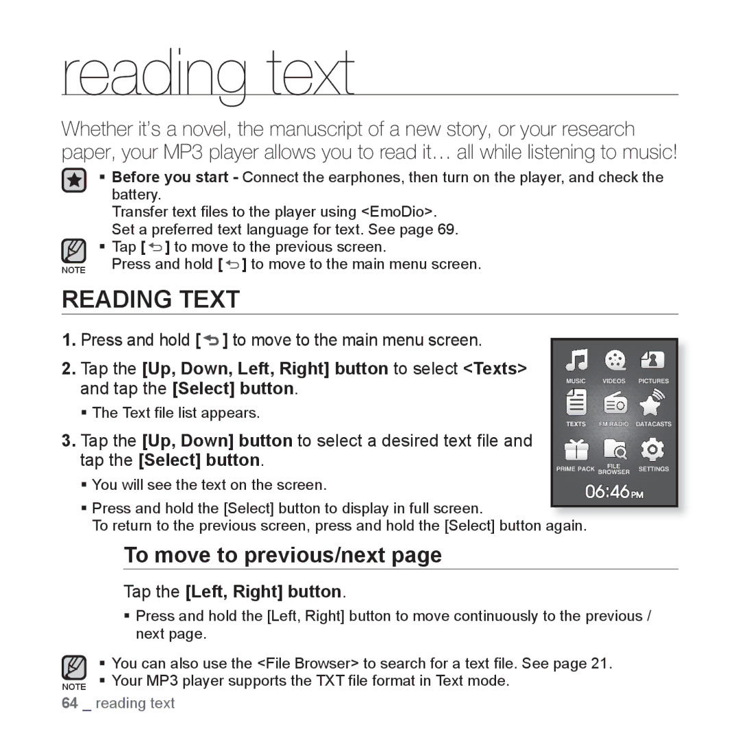 Samsung YP-Q1JAW/EDC, YP-Q1JEB/XEF manual Reading text, Reading Text, To move to previous/next, Tap the Left, Right button 