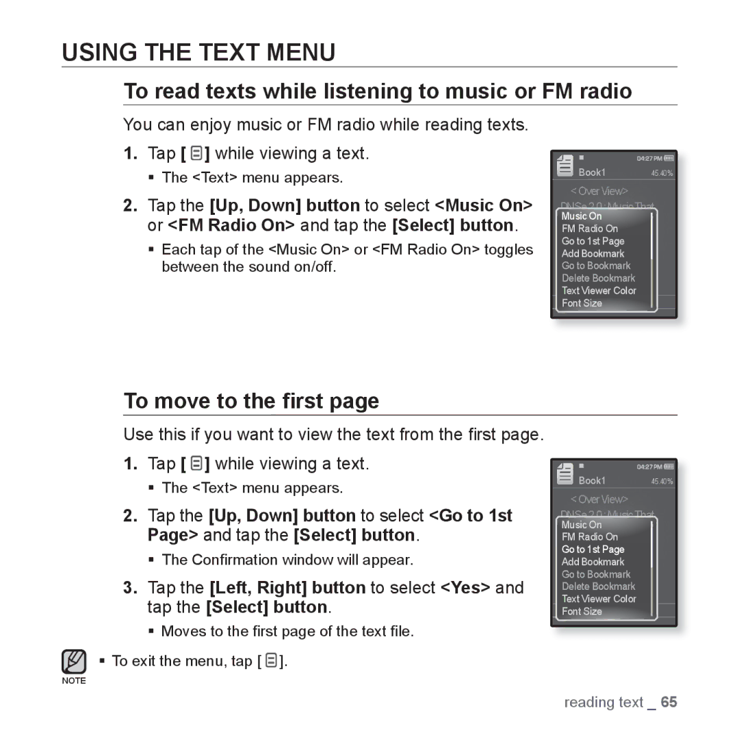 Samsung YP-Q1JAB/EDC manual Using the Text Menu, To read texts while listening to music or FM radio, To move to the ﬁrst 