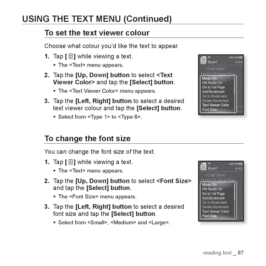 Samsung YP-Q1JEB/XEE, YP-Q1JEB/XEF, YP-Q1JCW/XEF, YP-Q1JAS/XEF manual To set the text viewer colour, To change the font size 