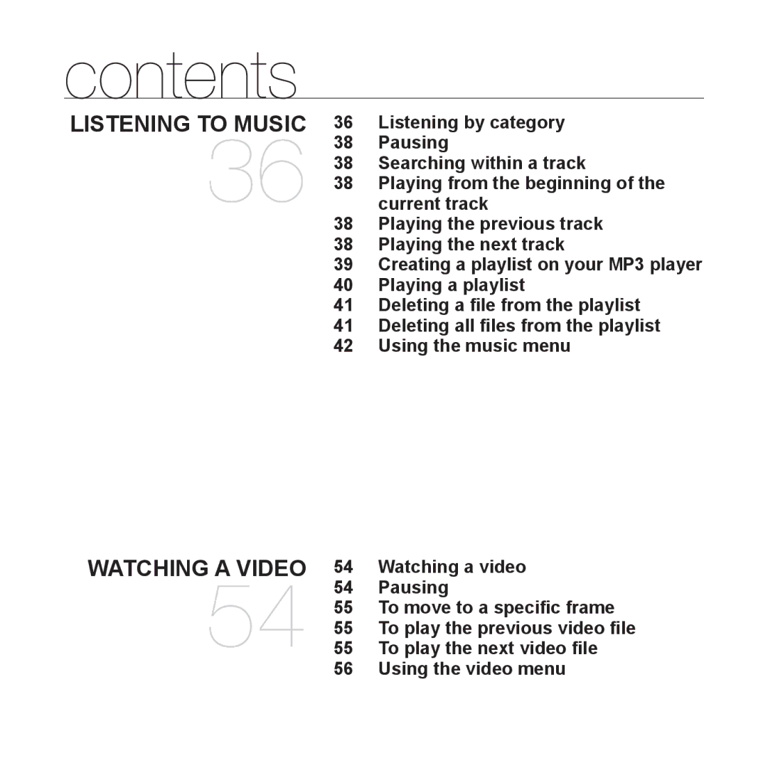 Samsung YP-Q1JCB/EDC Listening by category, Pausing, Searching within a track, Playing from the beginning, Current track 