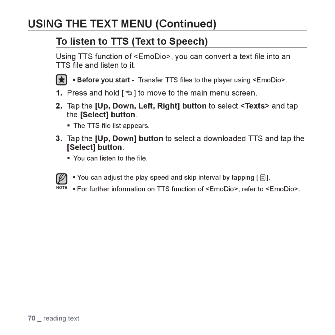 Samsung YP-Q1JCB/XEE, YP-Q1JEB/XEF manual To listen to TTS Text to Speech, Press and hold to move to the main menu screen 