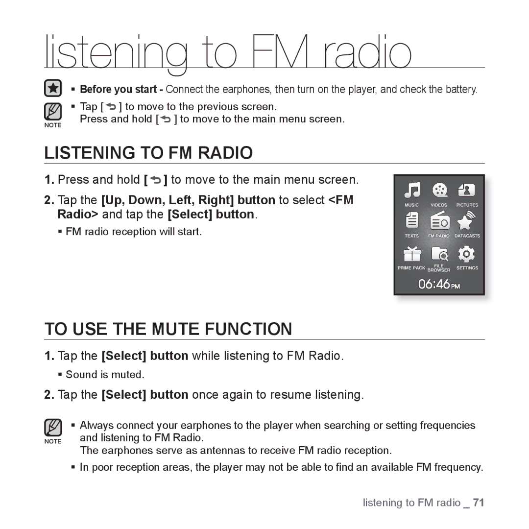 Samsung YP-Q1JAB/XEE, YP-Q1JEB/XEF, YP-Q1JCW/XEF Listening to FM radio, Listening to FM Radio, To USE the Mute Function 