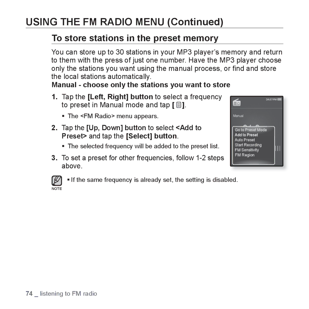 Samsung YP-Q1JAS/XEF, YP-Q1JEB/XEF, YP-Q1JCW/XEF manual Using the FM Radio Menu, To store stations in the preset memory 