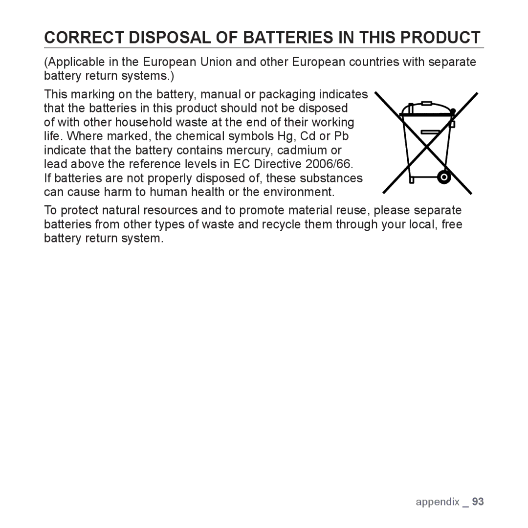 Samsung YP-Q1JCB/XEF, YP-Q1JEB/XEF, YP-Q1JCW/XEF, YP-Q1JAS/XEF, YP-Q1JES/EDC Correct Disposal of Batteries in this Product 