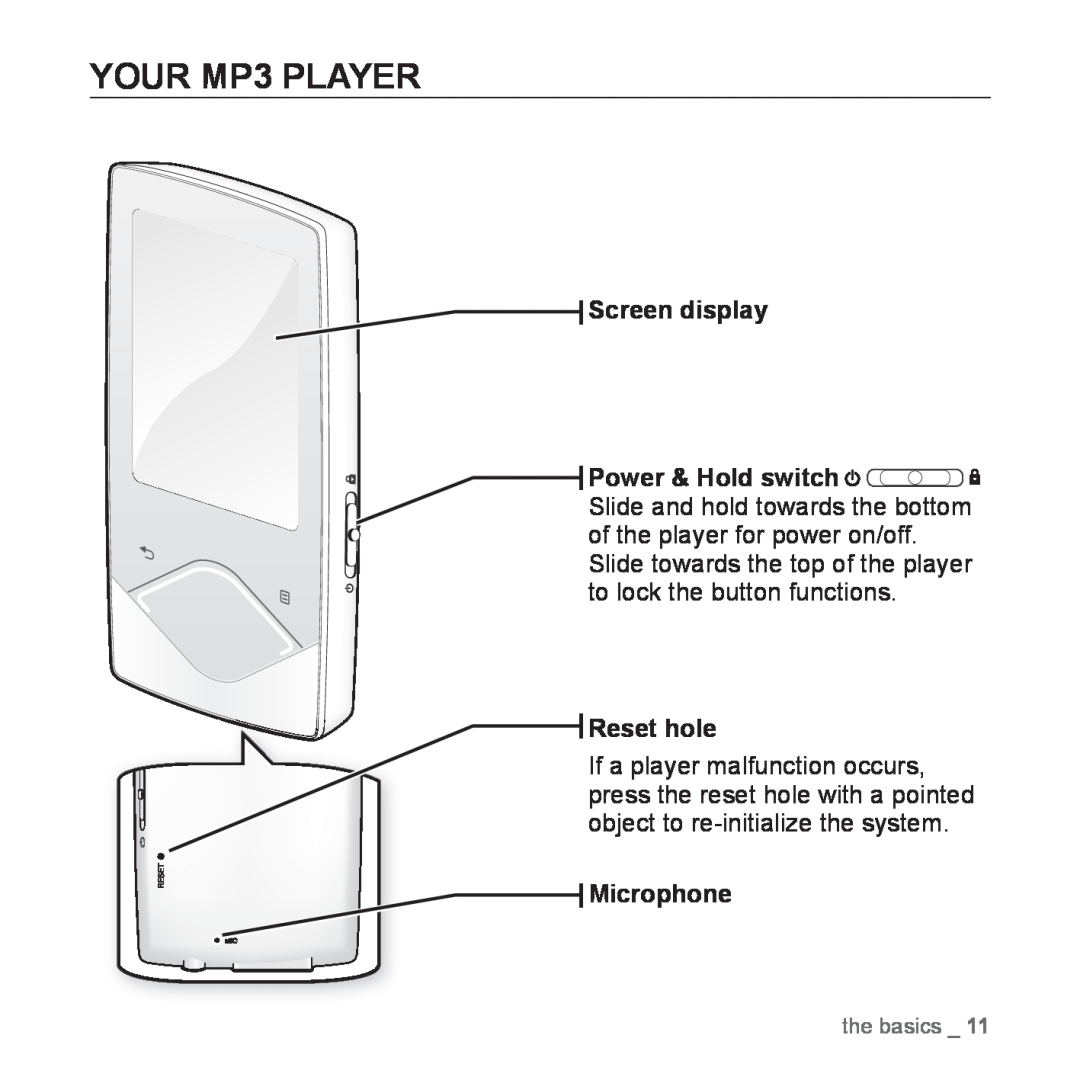 Samsung YP-Q1JAB/EDC, YP-Q1JEB/XEF, YP-Q1JCW/XEF manual YOUR MP3 PLAYER, Screen display, Reset hole, Microphone, the basics 