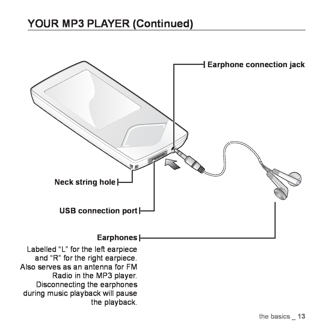 Samsung YP-Q1JEB/XEE manual YOUR MP3 PLAYER Continued, Labelled “L” for the left earpiece and “R” for the right earpiece 