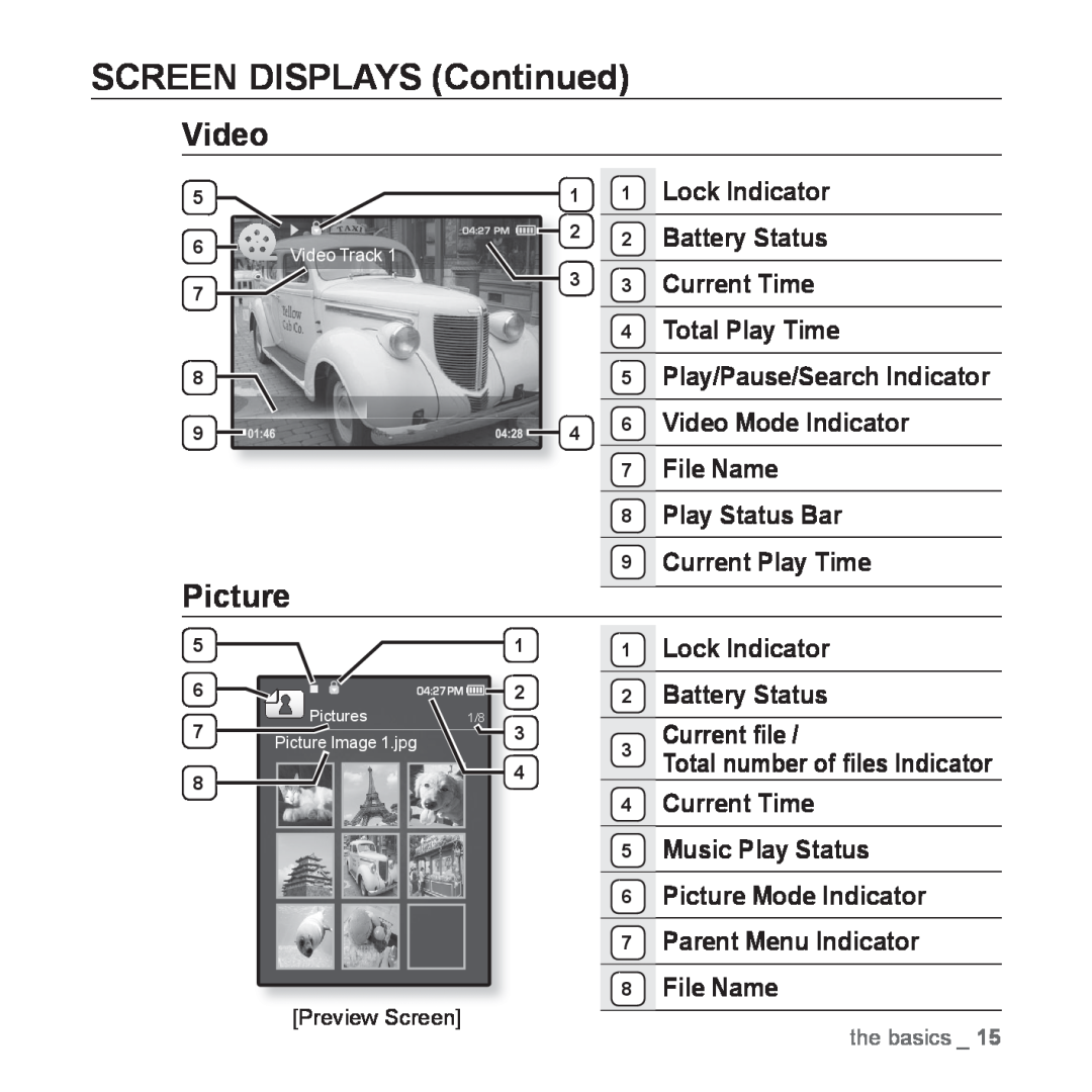 Samsung YP-Q1JAW/XEE, YP-Q1JEB/XEF, YP-Q1JCW/XEF, YP-Q1JAS/XEF, YP-Q1JCB/XEF manual SCREEN DISPLAYS Continued, Video, Picture 