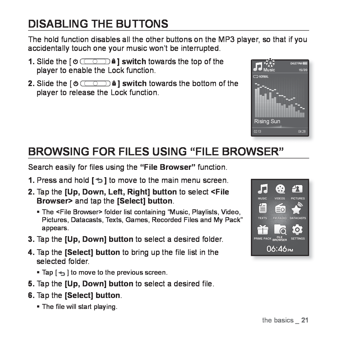 Samsung YP-Q1JCB/XEF, YP-Q1JEB/XEF Disabling The Buttons, Browsing For Files Using “File Browser”, Tap the Select button 