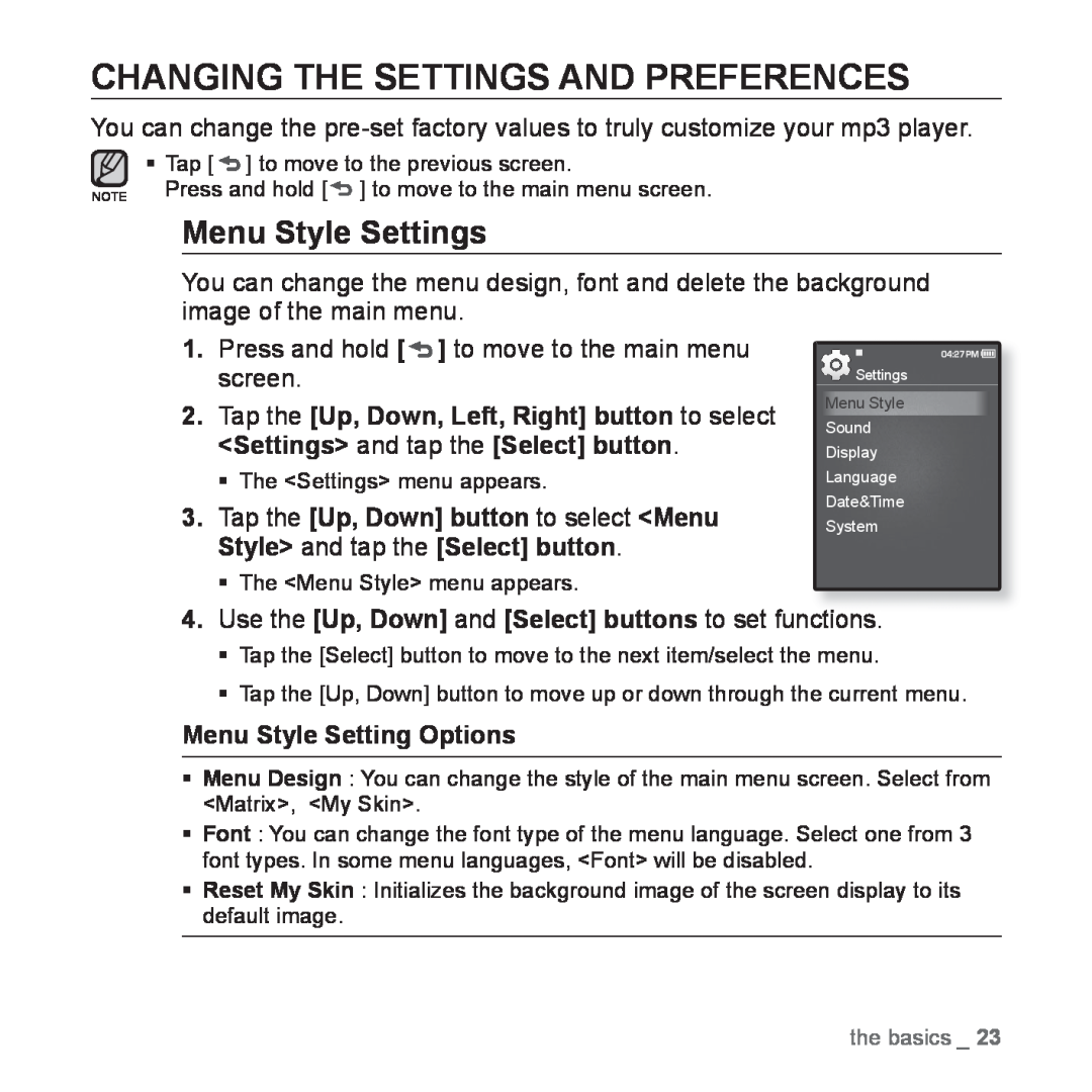 Samsung YP-Q1JCS/EDC, YP-Q1JEB/XEF, YP-Q1JCW/XEF, YP-Q1JAS/XEF Changing The Settings And Preferences, Menu Style Settings 