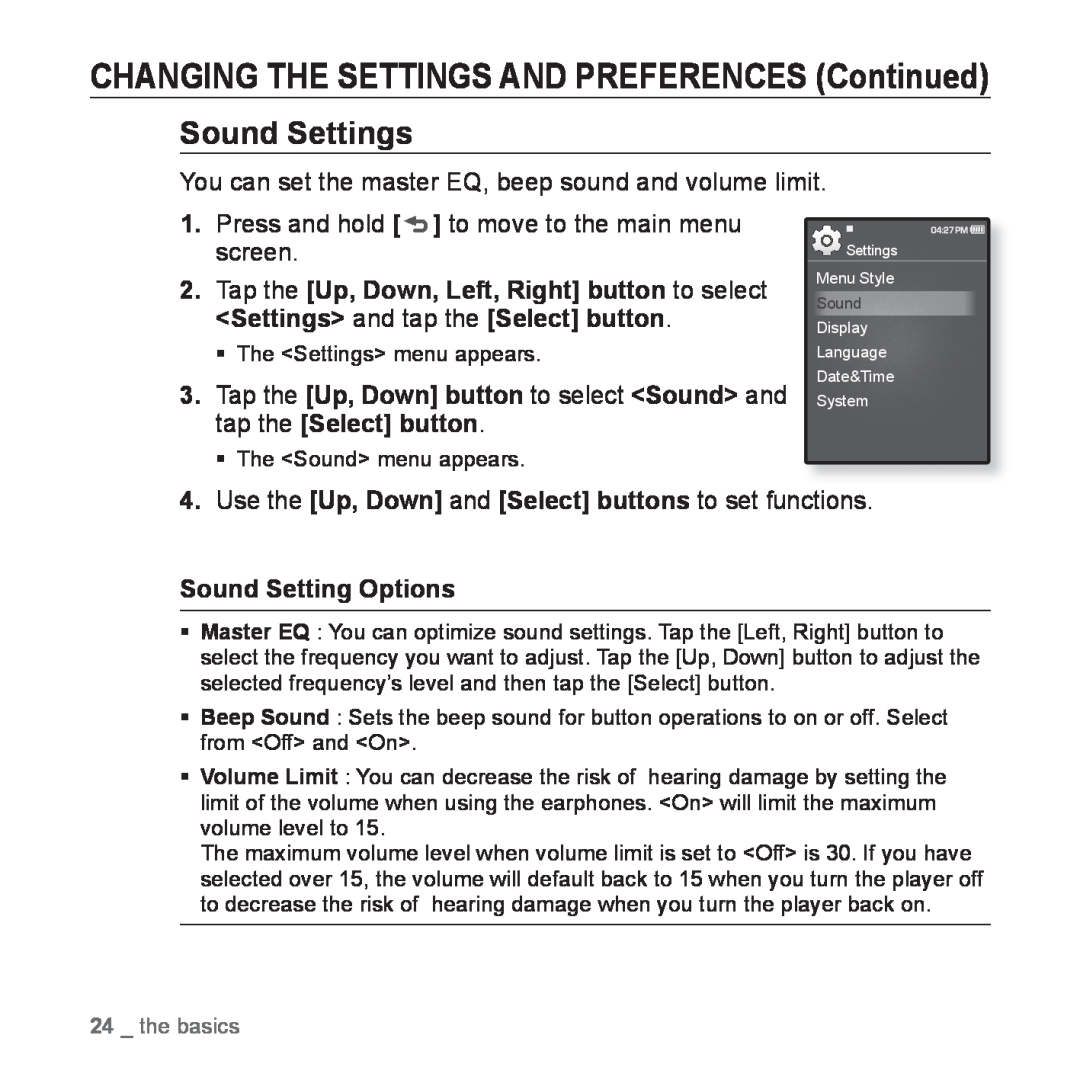 Samsung YP-Q1JEB/EDC, YP-Q1JEB/XEF manual CHANGING THE SETTINGS AND PREFERENCES Continued, Sound Settings, the basics 