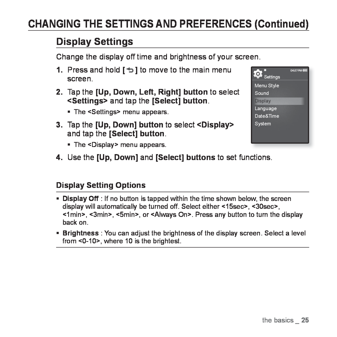 Samsung YP-Q1JCB/EDC manual Display Settings, CHANGING THE SETTINGS AND PREFERENCES Continued, Display Setting Options 