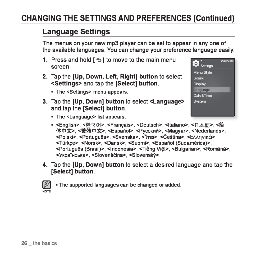 Samsung YP-Q1JAS/EDC, YP-Q1JEB/XEF manual Language Settings, CHANGING THE SETTINGS AND PREFERENCES Continued, the basics 