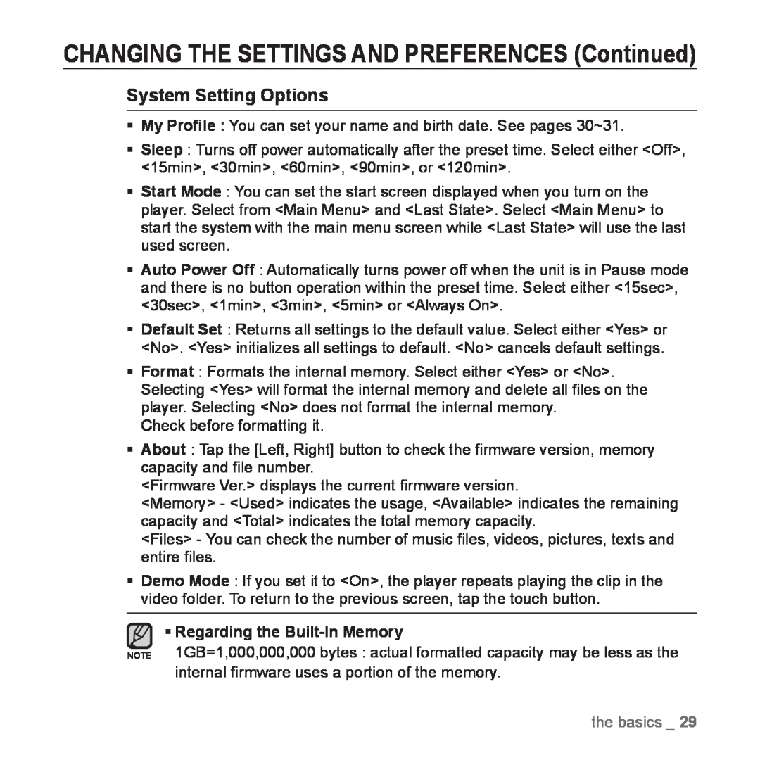 Samsung YP-Q1JAB/EDC, YP-Q1JEB/XEF CHANGING THE SETTINGS AND PREFERENCES Continued, System Setting Options, the basics 