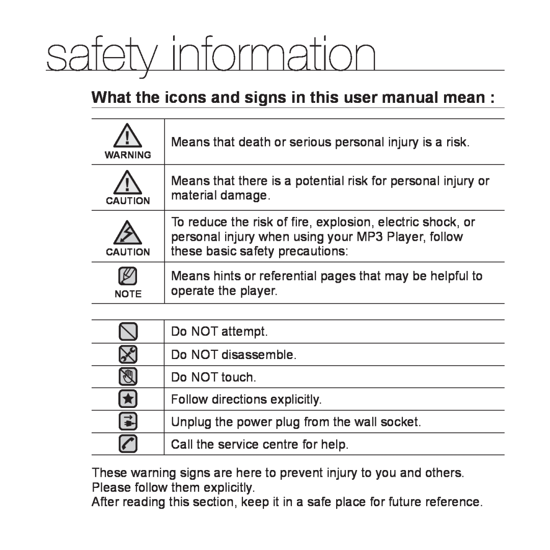 Samsung YP-Q1JCB/XEF, YP-Q1JEB/XEF, YP-Q1JCW/XEF safety information, What the icons and signs in this user manual mean 