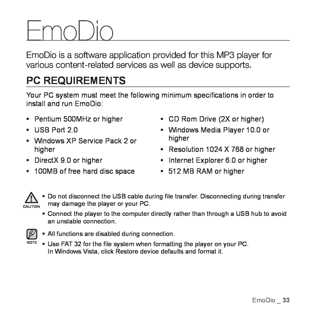 Samsung YP-Q1JAW/XEE, YP-Q1JEB/XEF, YP-Q1JCW/XEF, YP-Q1JAS/XEF, YP-Q1JCB/XEF, YP-Q1JES/EDC manual EmoDio, Pc Requirements 