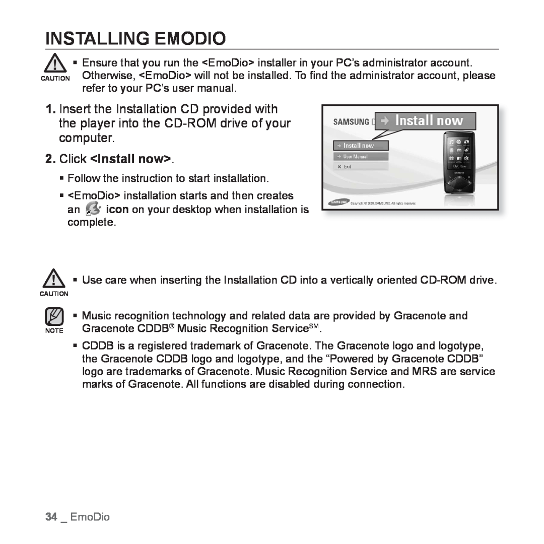 Samsung YP-Q1JCB/XEE, YP-Q1JEB/XEF, YP-Q1JCW/XEF, YP-Q1JAS/XEF, YP-Q1JCB/XEF Installing Emodio, Click Install now, EmoDio 