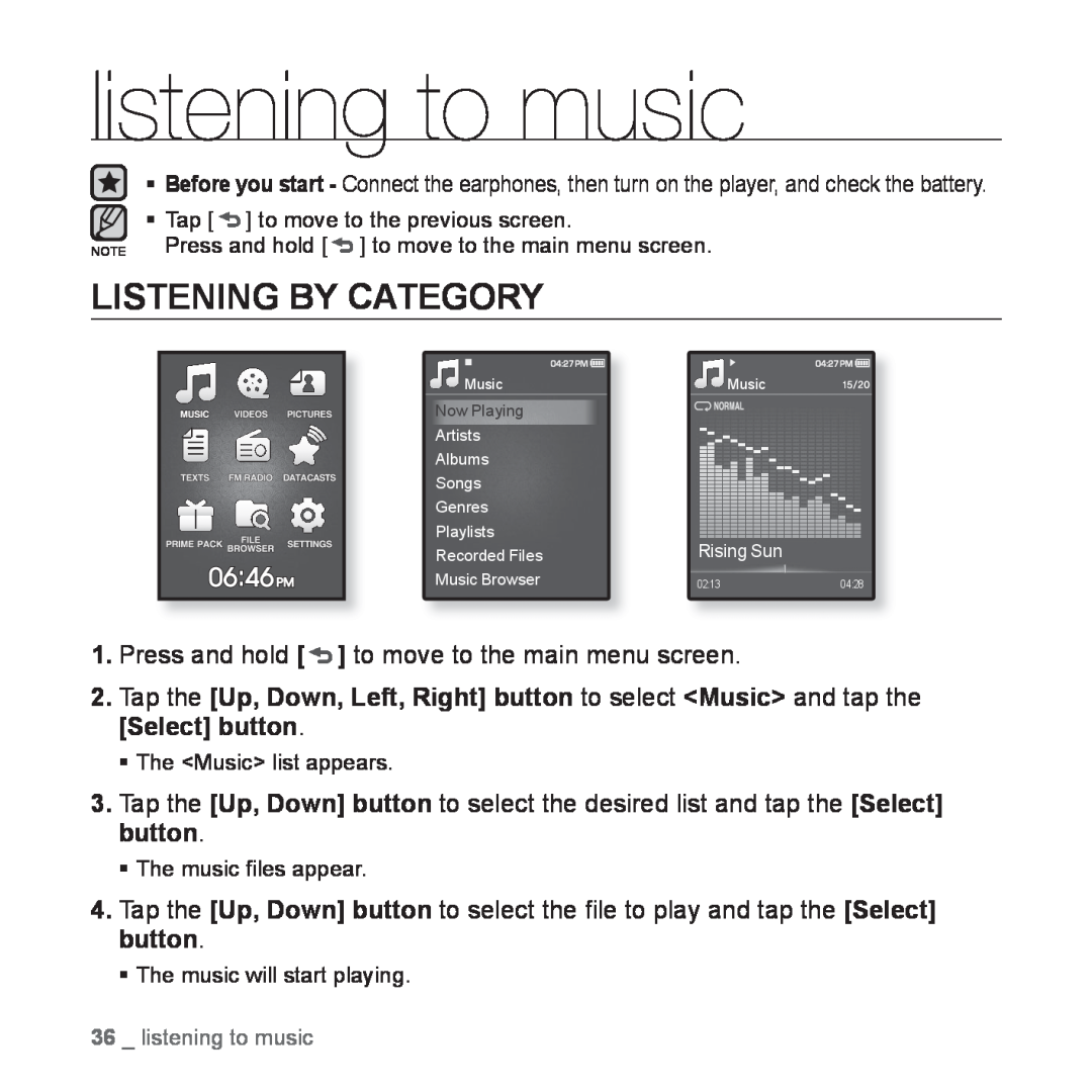 Samsung YP-Q1JEB/XEF, YP-Q1JCW/XEF, YP-Q1JAS/XEF, YP-Q1JCB/XEF, YP-Q1JES/EDC manual listening to music, Listening By Category 