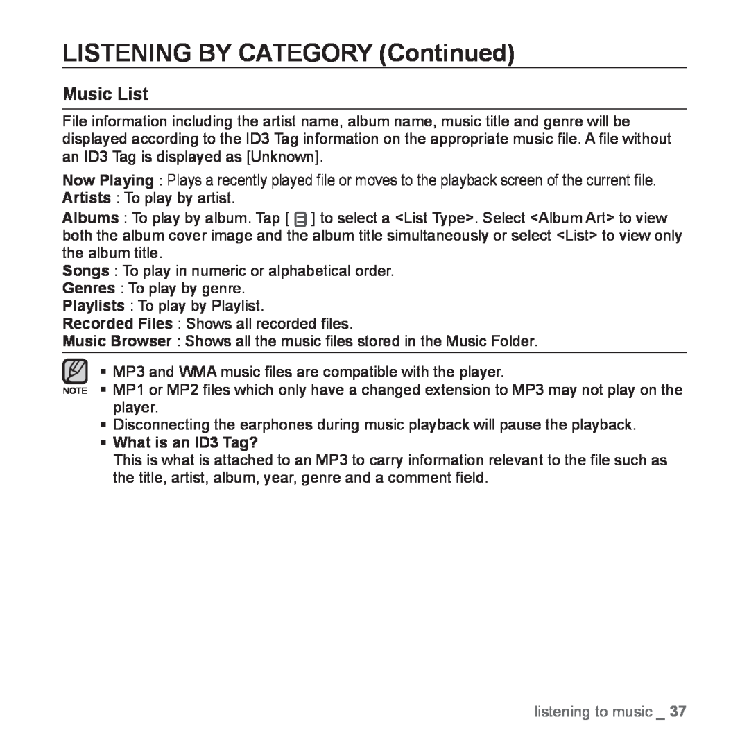 Samsung YP-Q1JCW/XEF, YP-Q1JEB/XEF LISTENING BY CATEGORY Continued, Music List, ƒ What is an ID3 Tag?, listening to music 
