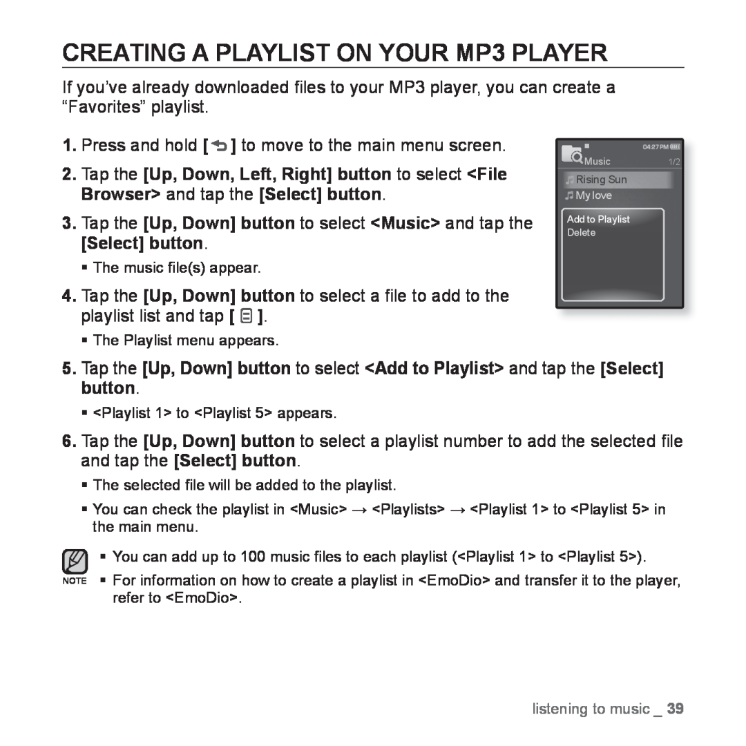 Samsung YP-Q1JCB/XEF, YP-Q1JEB/XEF, YP-Q1JCW/XEF, YP-Q1JAS/XEF manual CREATING A PLAYLIST ON YOUR MP3 PLAYER, Rising Sun 
