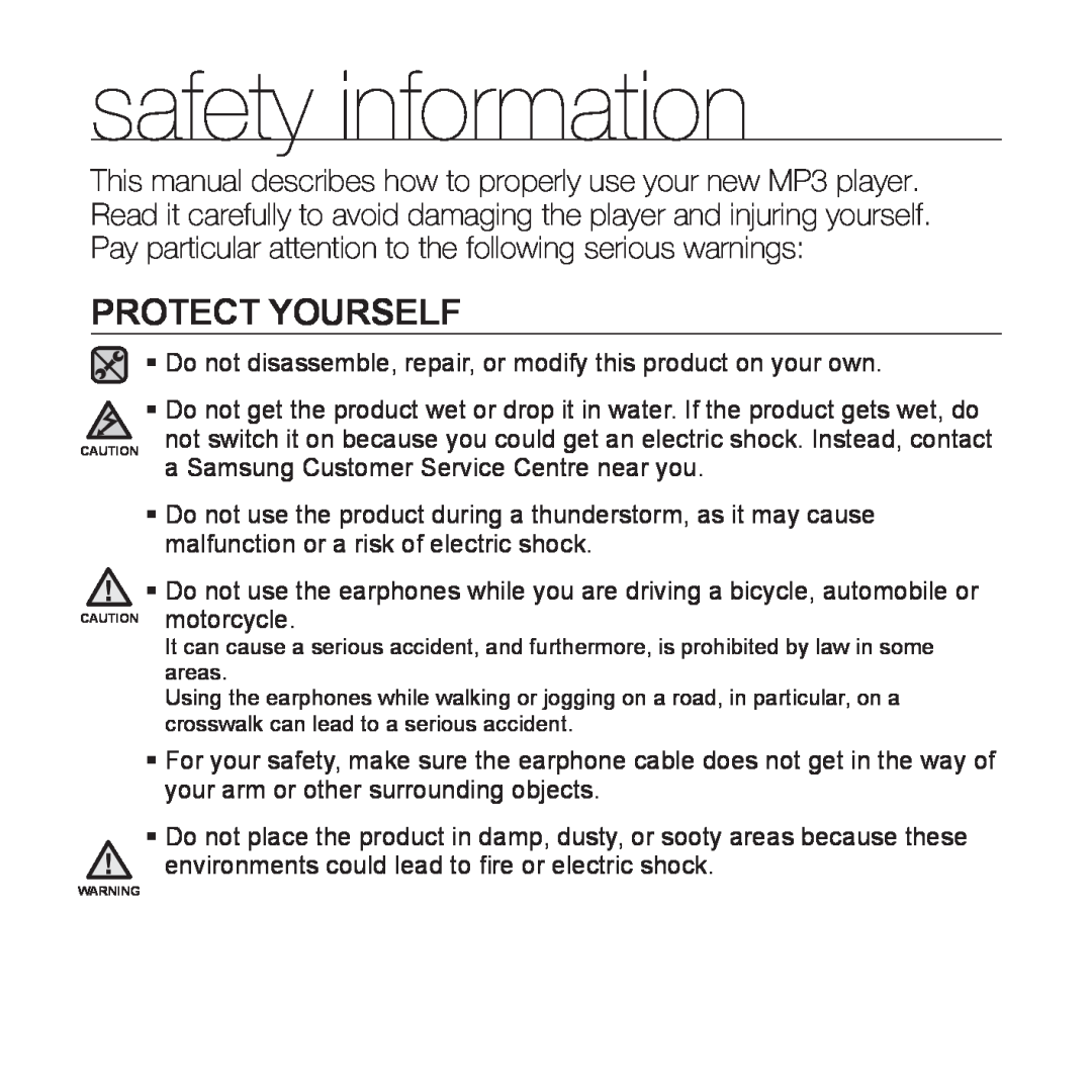 Samsung YP-Q1JES/EDC, YP-Q1JEB/XEF, YP-Q1JCW/XEF, YP-Q1JAS/XEF, YP-Q1JCB/XEF manual Protect Yourself, safety information 