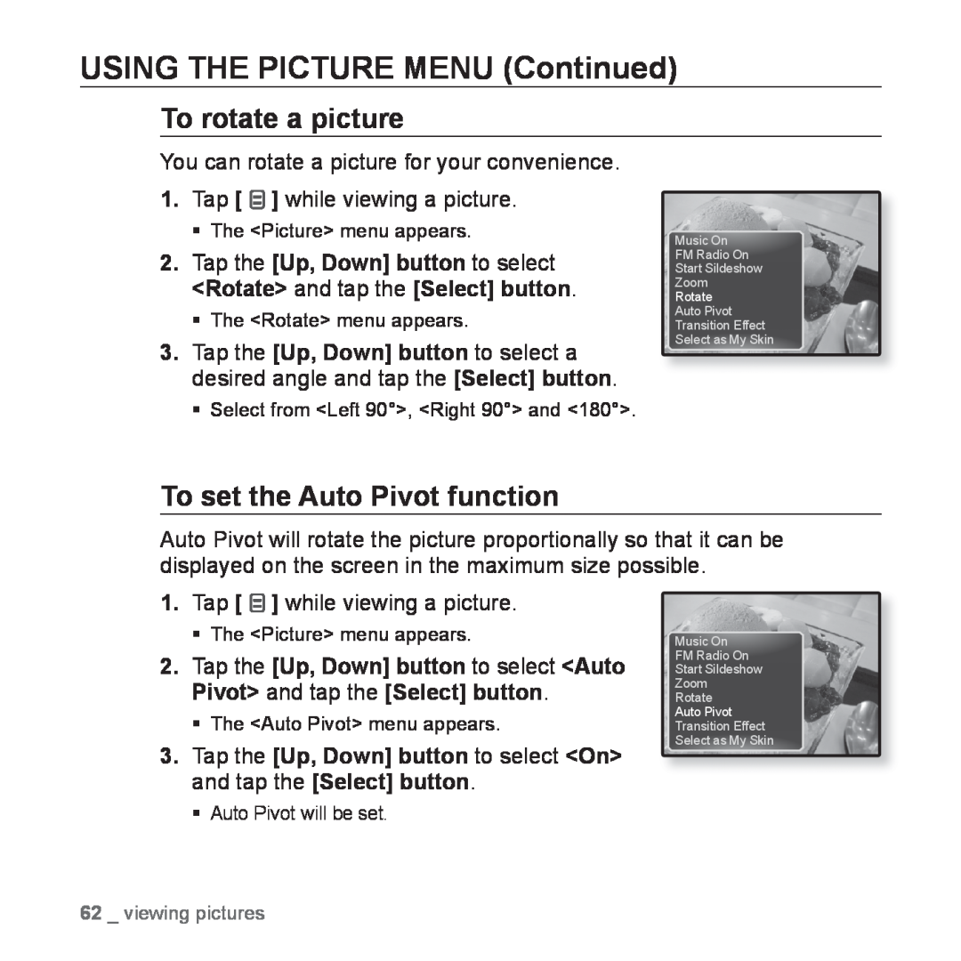 Samsung YP-Q1JAS/EDC, YP-Q1JEB/XEF To rotate a picture, To set the Auto Pivot function, USING THE PICTURE MENU Continued 