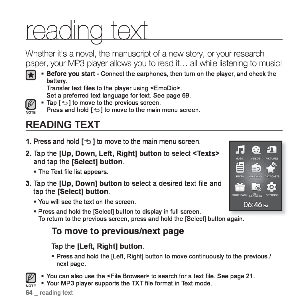 Samsung YP-Q1JAW/EDC, YP-Q1JEB/XEF, YP-Q1JCW/XEF, YP-Q1JAS/XEF reading text, Reading Text, To move to previous/next page 