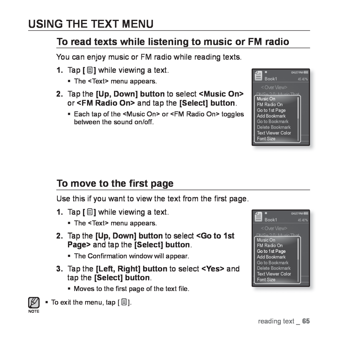 Samsung YP-Q1JAB/EDC Using The Text Menu, To read texts while listening to music or FM radio, To move to the ﬁrst page 