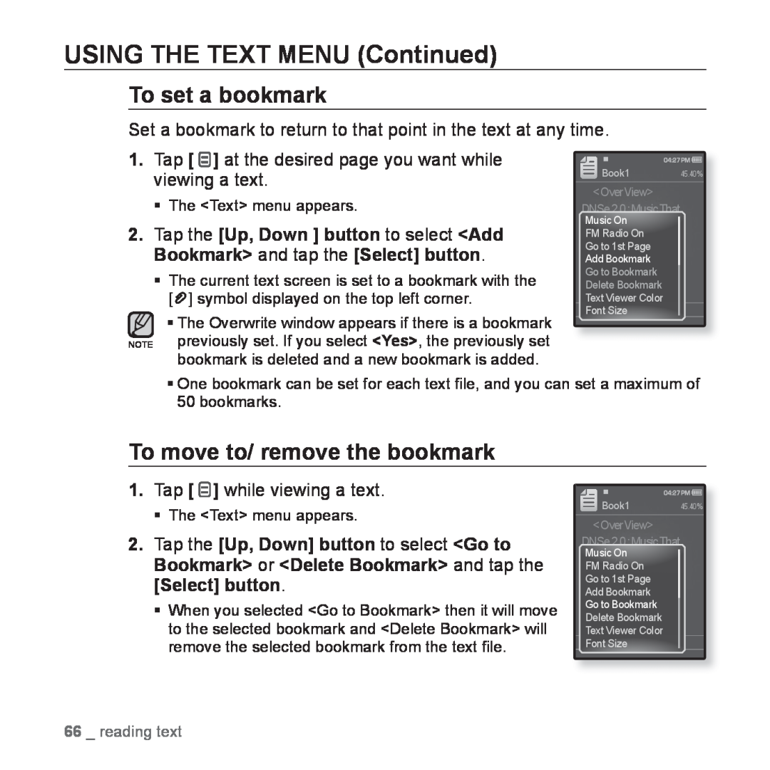 Samsung YP-Q1JEW/XEE manual USING THE TEXT MENU Continued, To move to/ remove the bookmark, To set a bookmark, reading text 