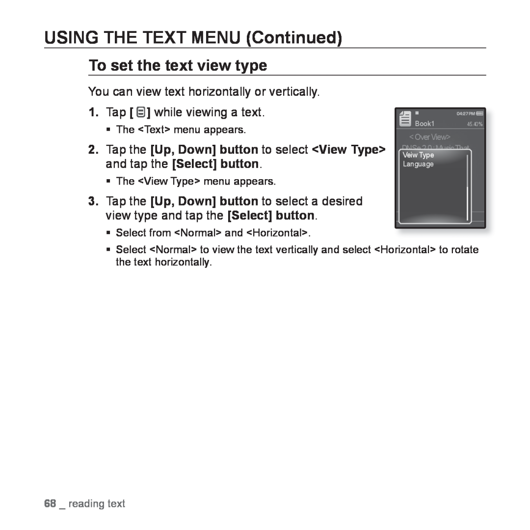 Samsung YP-Q1JCW/XEE manual To set the text view type, USING THE TEXT MENU Continued, reading text, OverView, Book1 45.40% 