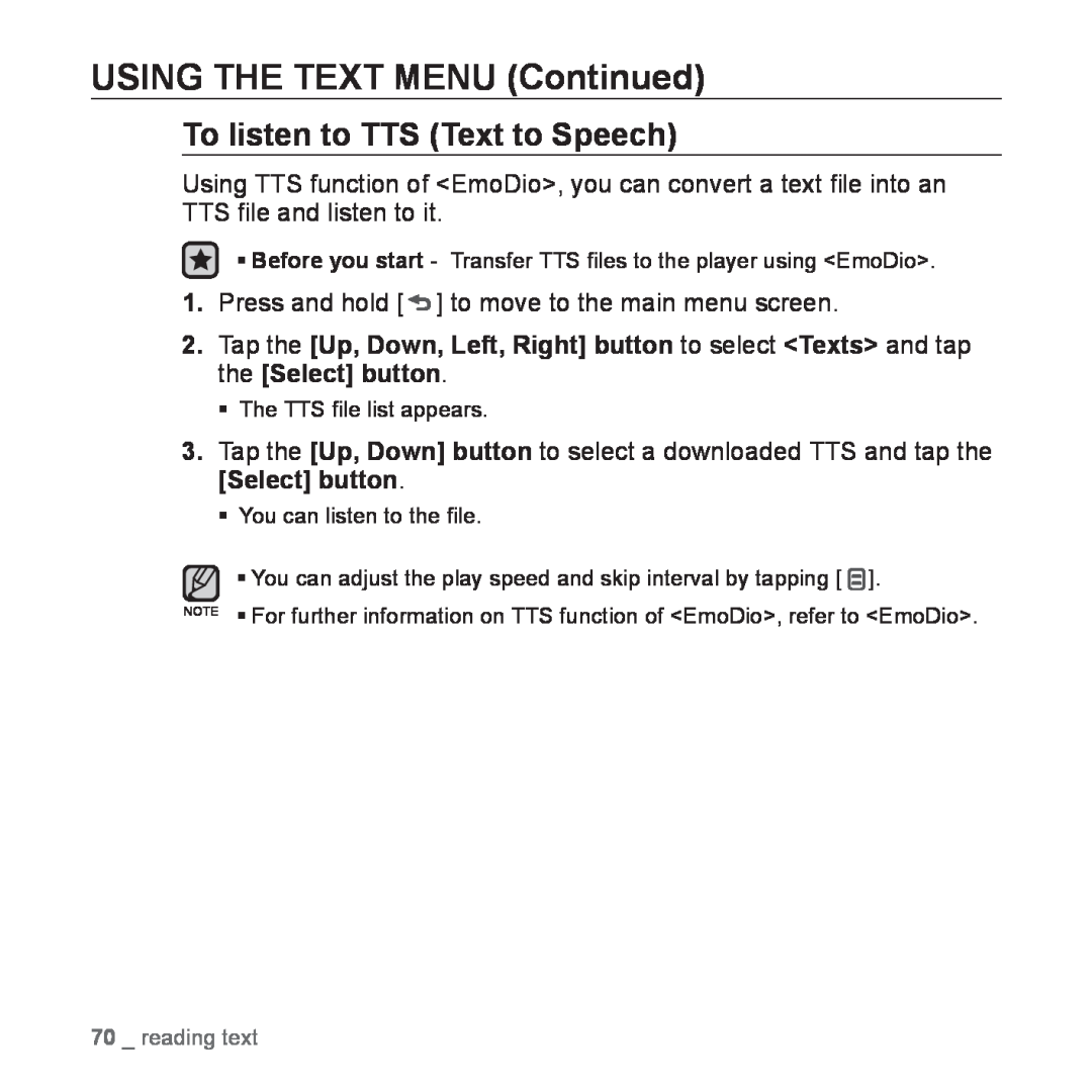 Samsung YP-Q1JCB/XEE, YP-Q1JEB/XEF, YP-Q1JCW/XEF manual To listen to TTS Text to Speech, USING THE TEXT MENU Continued 