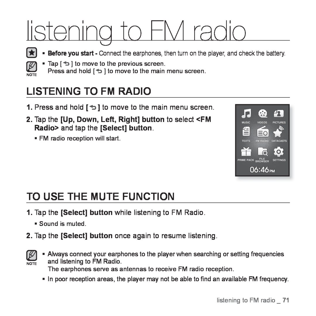 Samsung YP-Q1JAB/XEE listening to FM radio, Listening To Fm Radio, To Use The Mute Function, and listening to FM Radio 