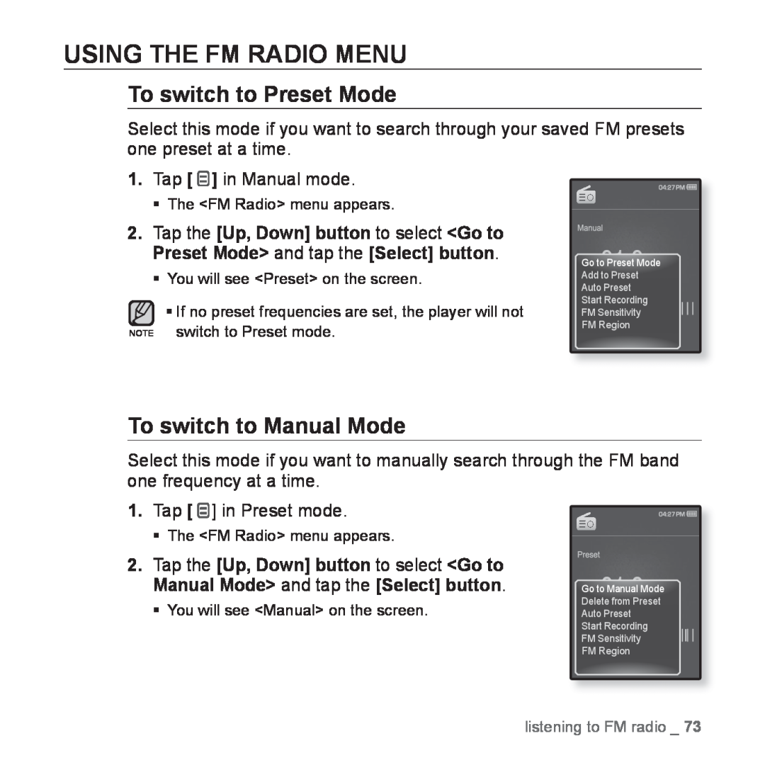 Samsung YP-Q1JCW/XEF, YP-Q1JEB/XEF manual Using The Fm Radio Menu, To switch to Preset Mode, To switch to Manual Mode 