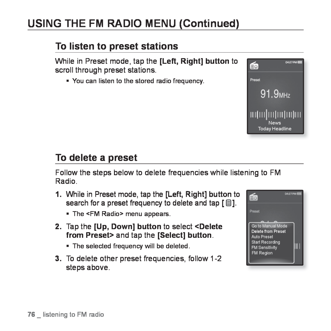Samsung YP-Q1JES/EDC, YP-Q1JEB/XEF To listen to preset stations, To delete a preset, USING THE FM RADIO MENU Continued 