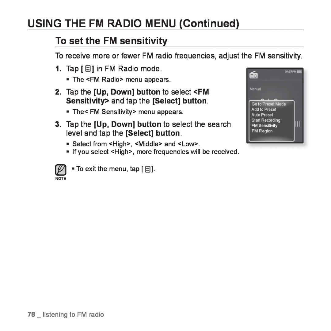 Samsung YP-Q1JEB/EDC, YP-Q1JEB/XEF To set the FM sensitivity, USING THE FM RADIO MENU Continued, listening to FM radio 