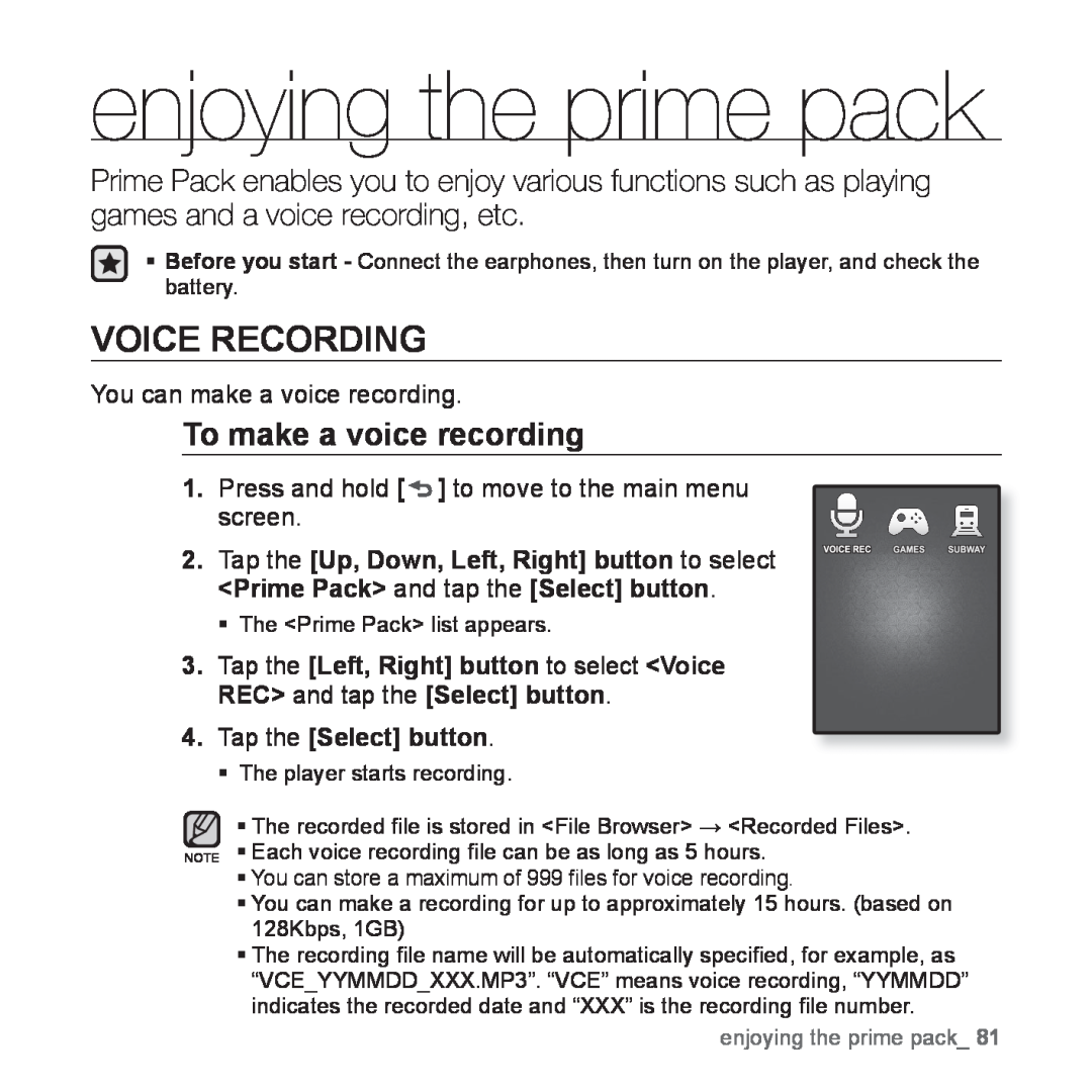 Samsung YP-Q1JCW/EDC, YP-Q1JEB/XEF, YP-Q1JCW/XEF manual enjoying the prime pack, Voice Recording, To make a voice recording 