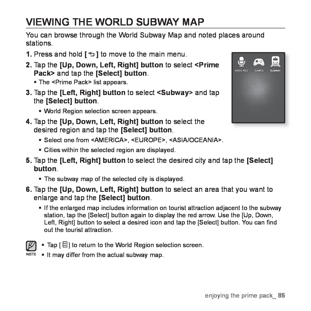 Samsung YP-Q1JEB/XEE, YP-Q1JEB/XEF, YP-Q1JCW/XEF, YP-Q1JAS/XEF, YP-Q1JCB/XEF, YP-Q1JES/EDC manual Viewing The World Subway Map 